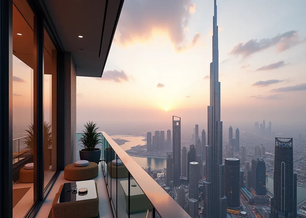 Dubai skyline and the Burj Khalifa at sunset