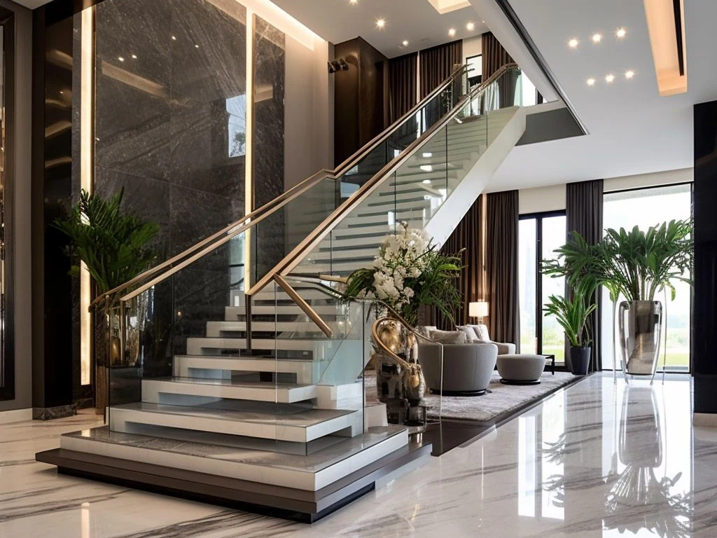 Luxury interior with a glass and marble staircase